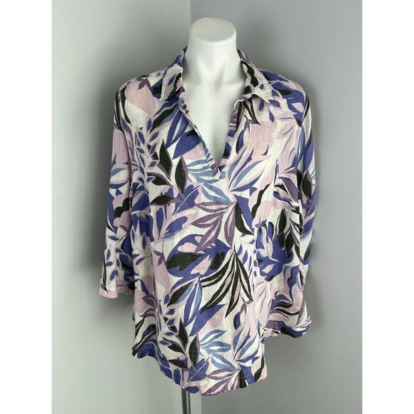 C&C California 100% Linen Floral Tropical Collared Blouse Artsy Boho 1X - Picture 1 of 7
